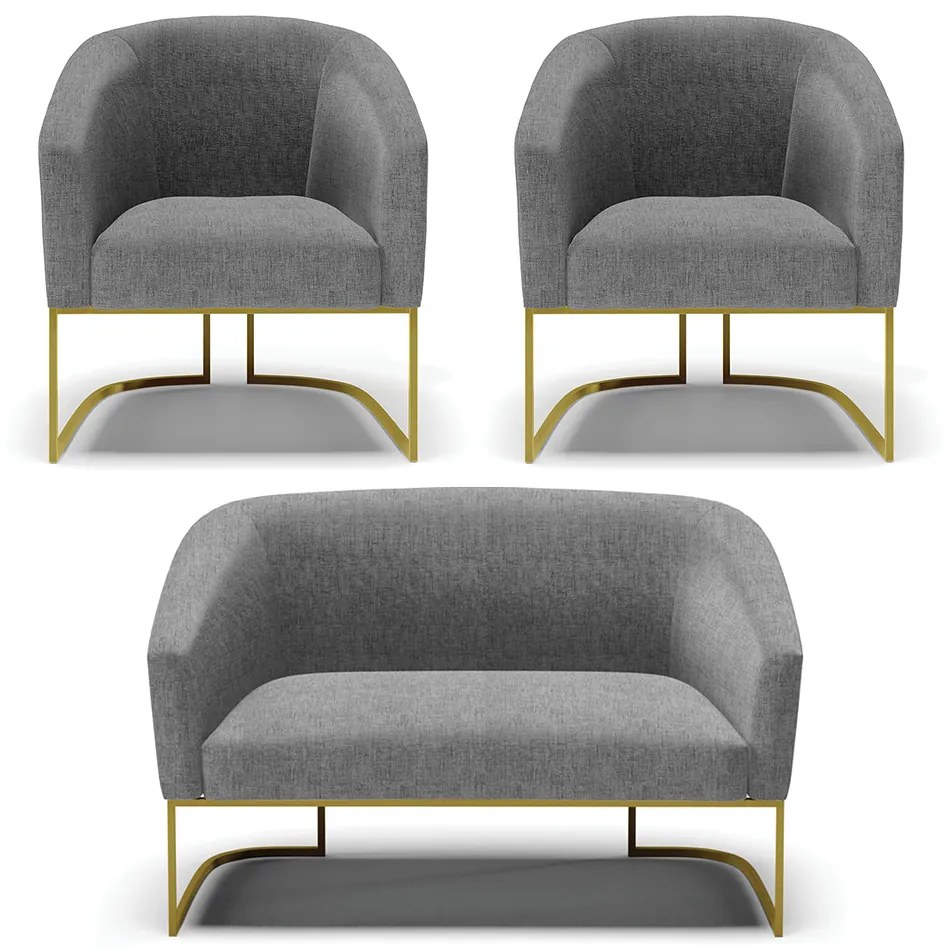 Namoradeira e 2 Poltronas Base Industrial Dourado Stella Linho D03 - D'Rossi - A26 Grafite