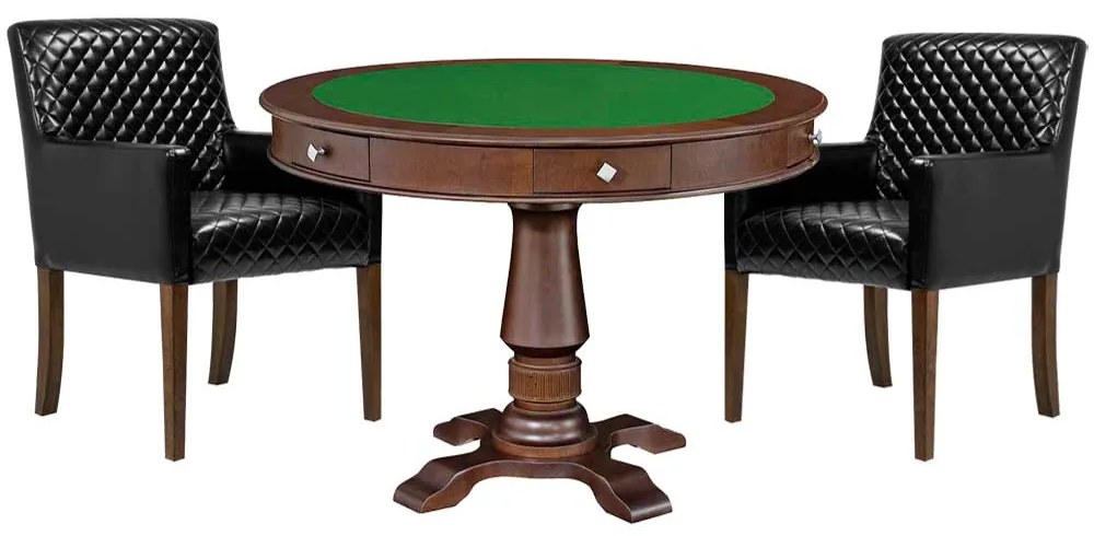 Mesa de Jogos Carteado Victoria Redonda Tampo Reversível Imbuia com Kit 2 Cadeiras Liverpool PU Sintético Preto Matelassê G36 G15 - Gran Belo