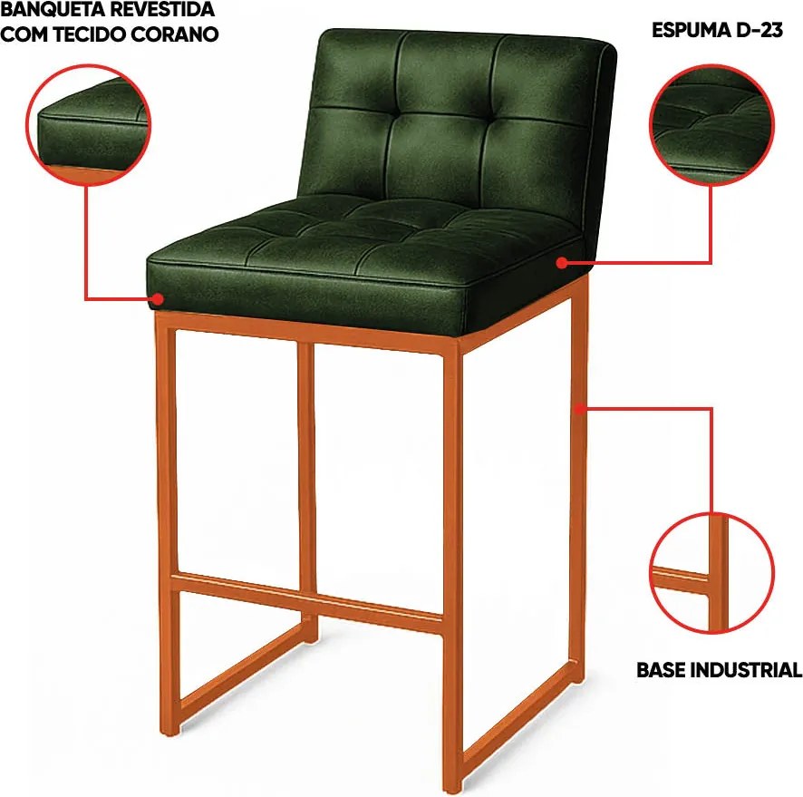 Banqueta Cozinha Alta com Encosto Industrial Kit 3 Bronze Lirina PU C05 - D'Rossi - Verde