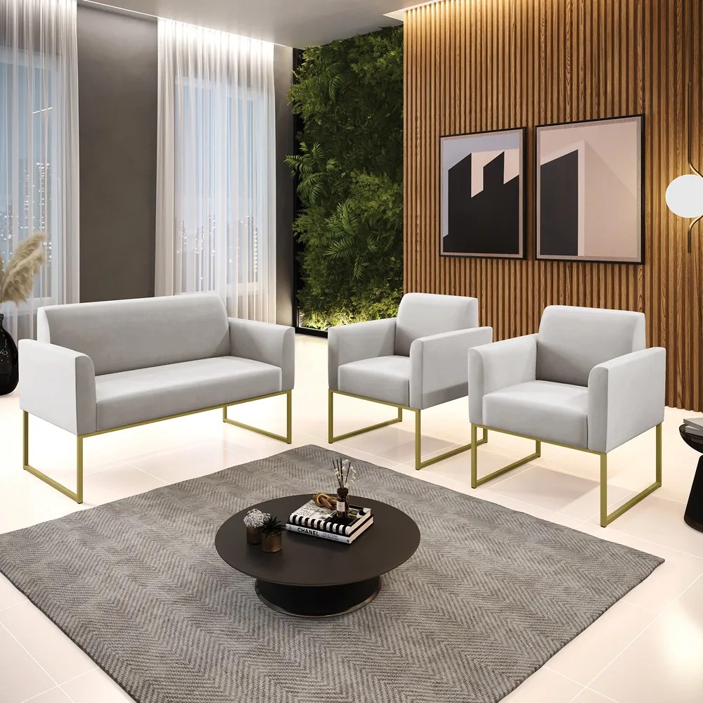 Sofá Namoradeira com 2 Poltronas Base Industrial Dourado Marisa Veludo D03 - D'Rossi - Cinza