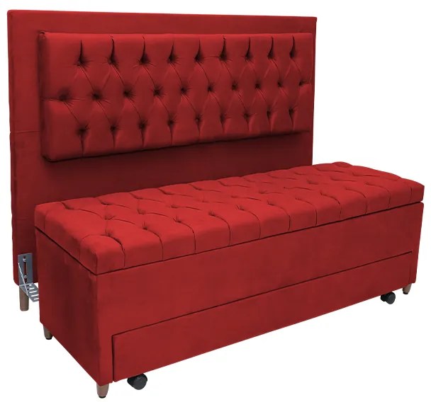 Cabeceira com Calçadeira Baú Solteiro 90cm Paris Capitonê Suede Vermelho - Sheep Estofados - Vermelho