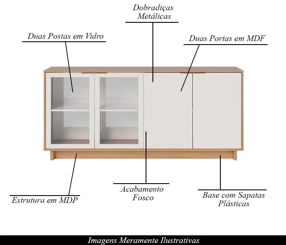Buffet Aparador Gunga Decorativo 160cm MDF Portas de Vidro OffWhite/Freijó G73 - Gran Belo