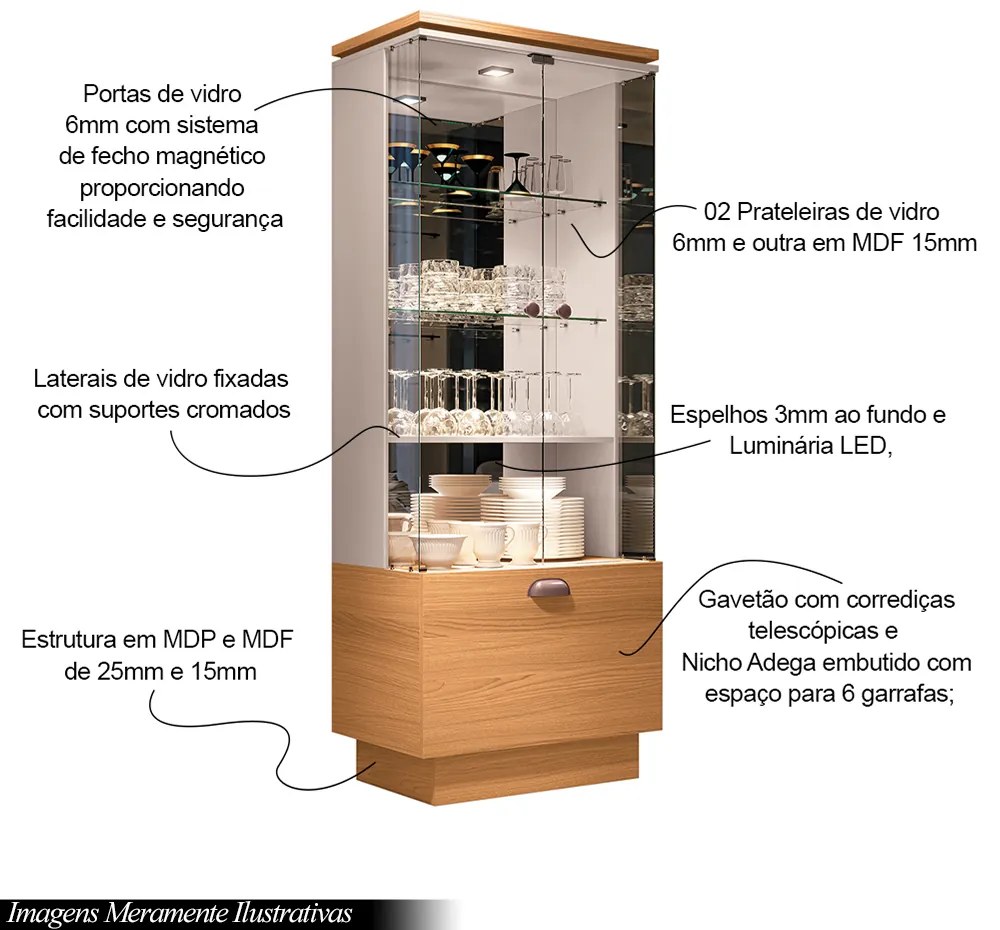 Conjunto Decorativo Cristaleira c/Adega e Buffet Aparador c/Bandeja Lateral Peggy/Noeli Cinamomo/OffWhite G26 - Gran Belo