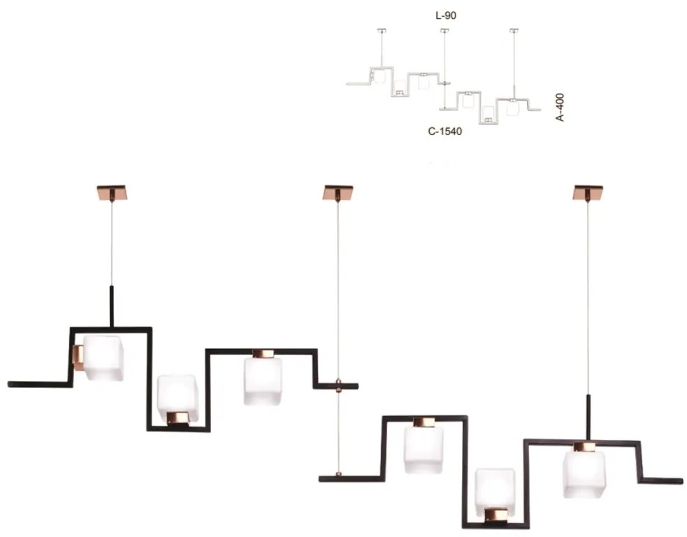 Pendente Retâgular Duplo Irregular Vidro Quadrado 154X10X40Cm Metal E... (PRETO, AMBAR)
