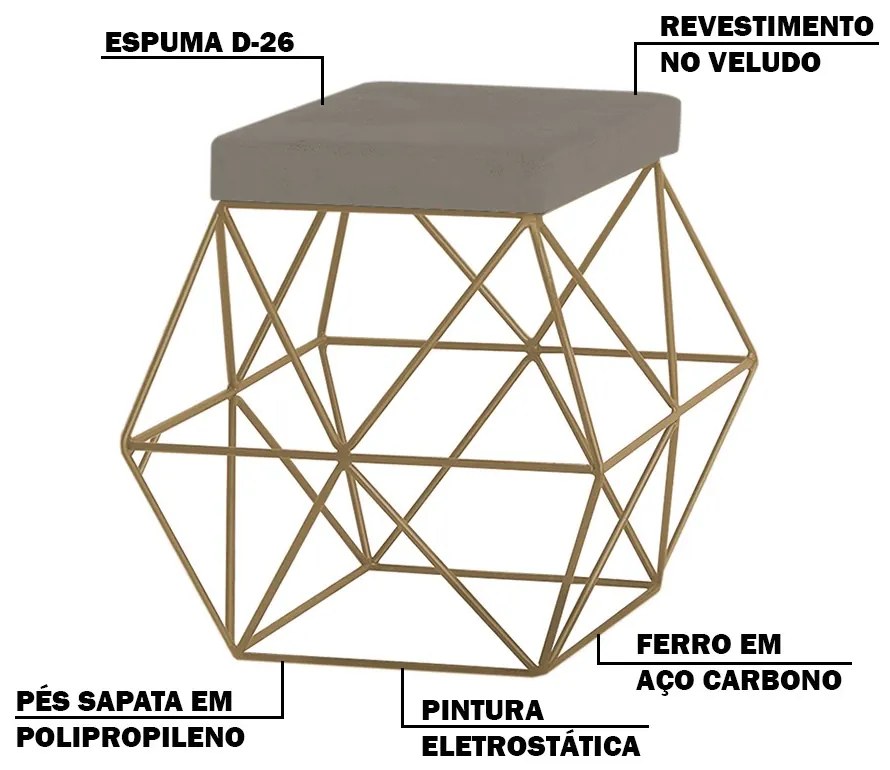 Puff Decorativo Sala de Estar Base Gold Trixie Veludo Cinza G41 - Gran Belo