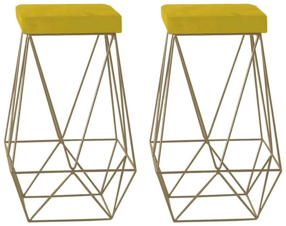 Kit 2 Banqueta Decorativa Kathy Base Gold Suede Amarelo G41 - Gran Belo