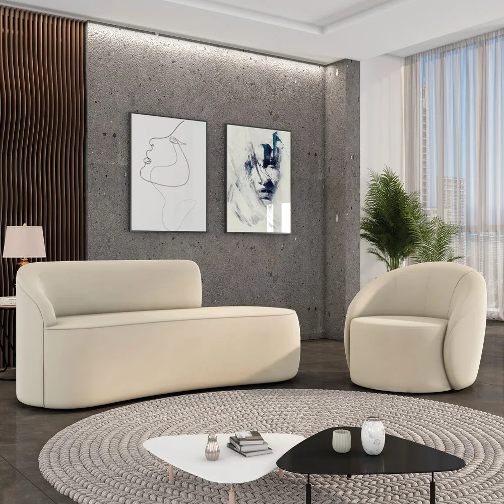 Sofá 3 Lug Orgânico180cm Morgan e Poltrona Giratória Lua Cotelê/Veludo Bege D03 - D'Rossi