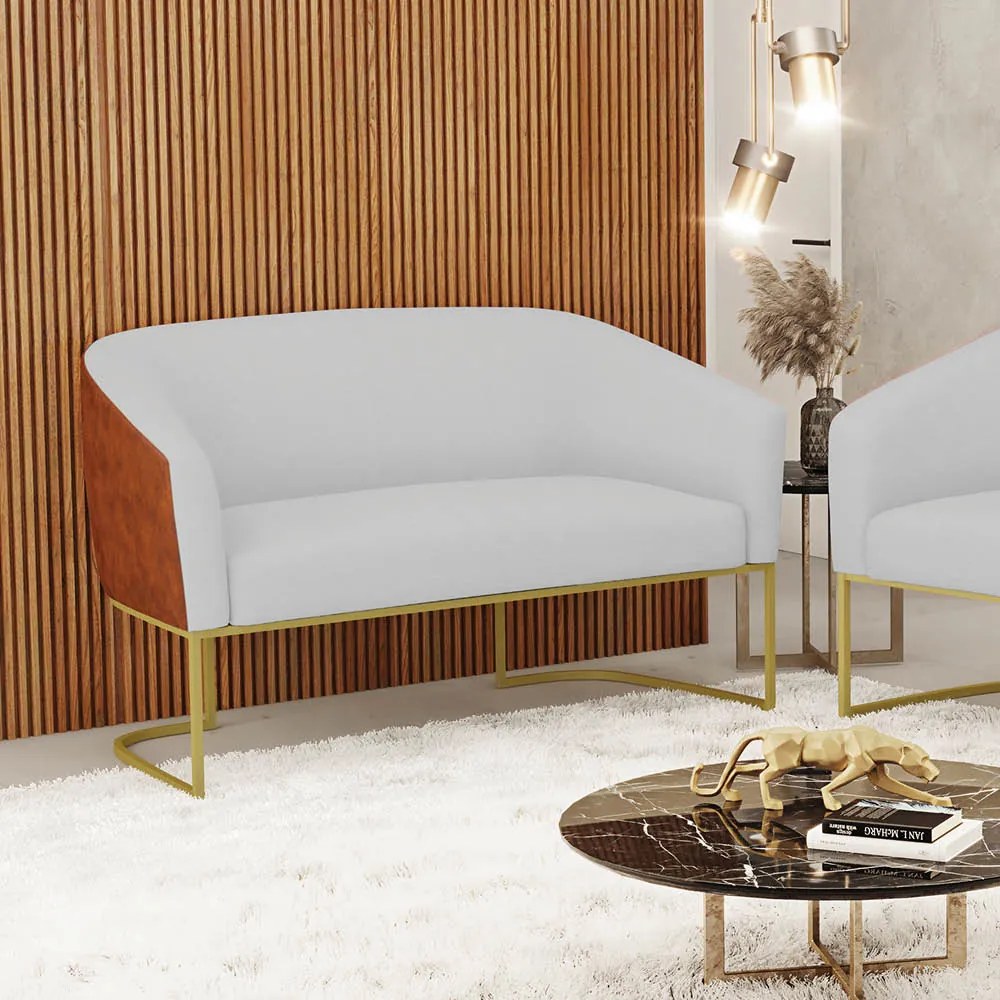 Sofá 2 Lugares Namoradeira Industrial Dourado Stella Noz/Linho D03 - D'Rossi - Cinza