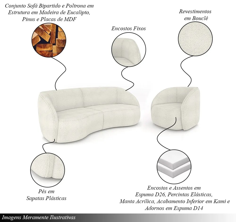 Conjunto Sofá Sala de Estar Bipartido 318cm e 2 Poltronas Clarke Bouclê OffWhite G45 - Gran Belo