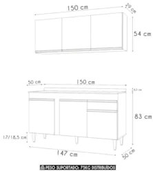 Armário Cozinha e Balcão Com Tampo 150cm Dakota Cinza Claro - Lumil