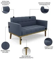 Sofá Namoradeira e 2 Poltronas Base Madeira Castanho Ana Suede Azul Ma