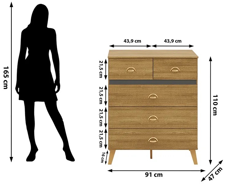 Cômoda Quarto 91cm com 5 Gavetas Isadora V01 - D'Rossi - Naturale e Alasca