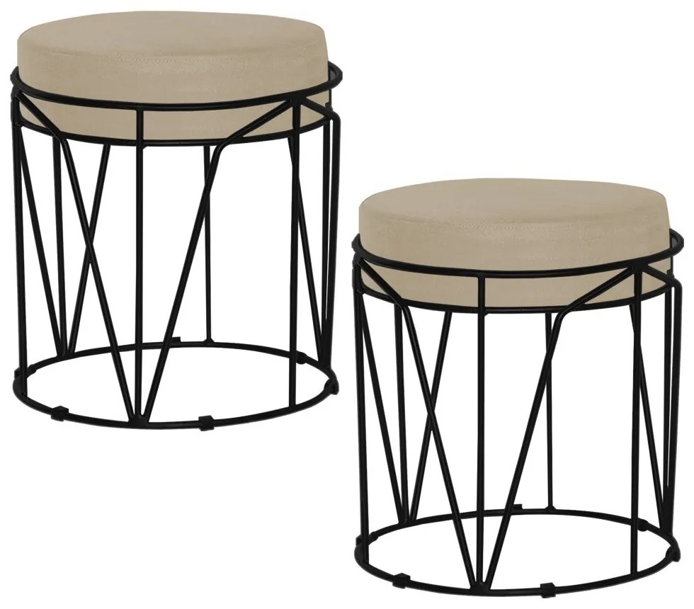 Kit 2 Puffs Decorativo Sala de Estar Base Preto Chloe Veludo Bege G41 - Gran Belo
