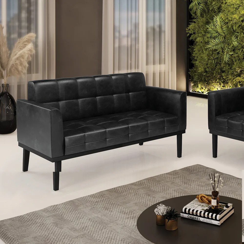Poltrona Namoradeira Decorativa Karen Pés Fixo em Madeira Preto PU Preto Brilho G19 - Gran Belo