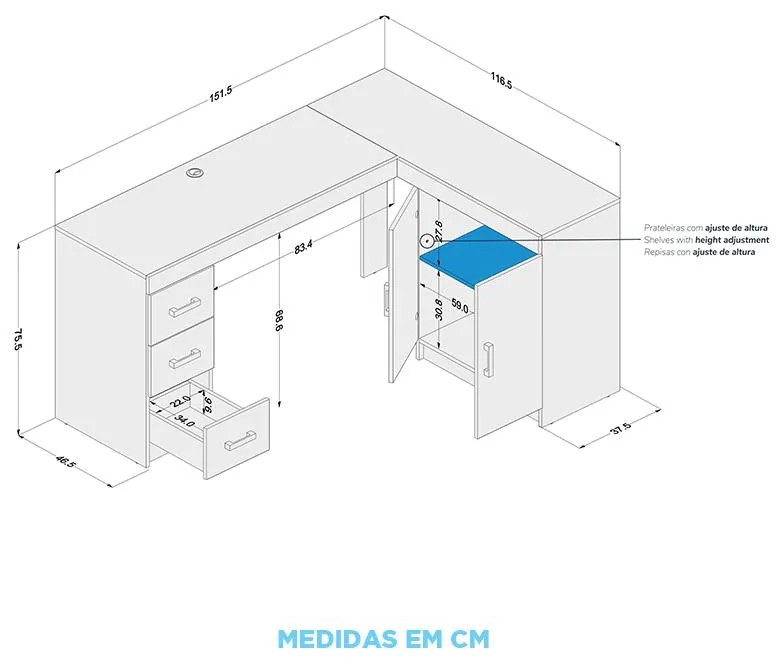 Mesa Para Escritório Espanha 2 Portas 3 Gavetas - Branco