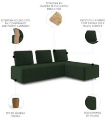 Sofá 3 Lugares Com Chaise 222cm Rovier Veludo Verde Z32      - Mpozena