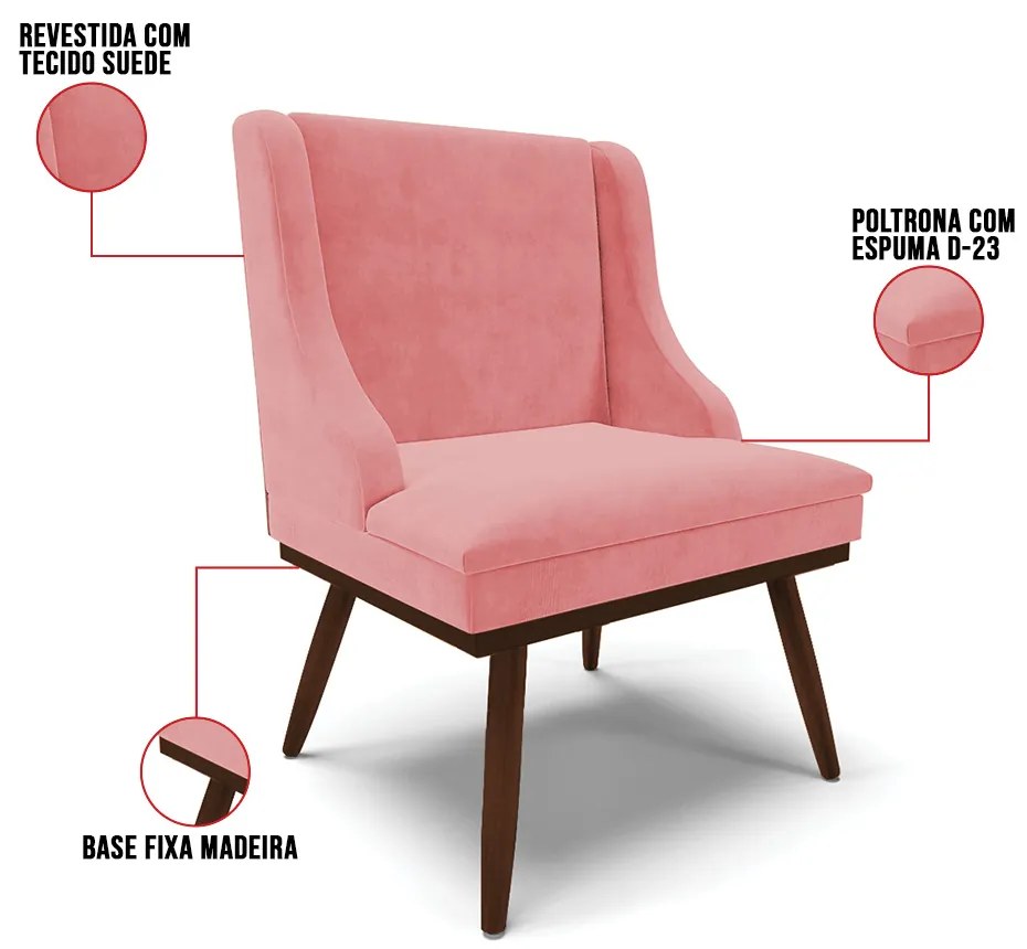 Cadeira de Jantar Liz Suede Base Fixa Madeira com Pés Palito Tabaco D03 - D'Rossi - Rose