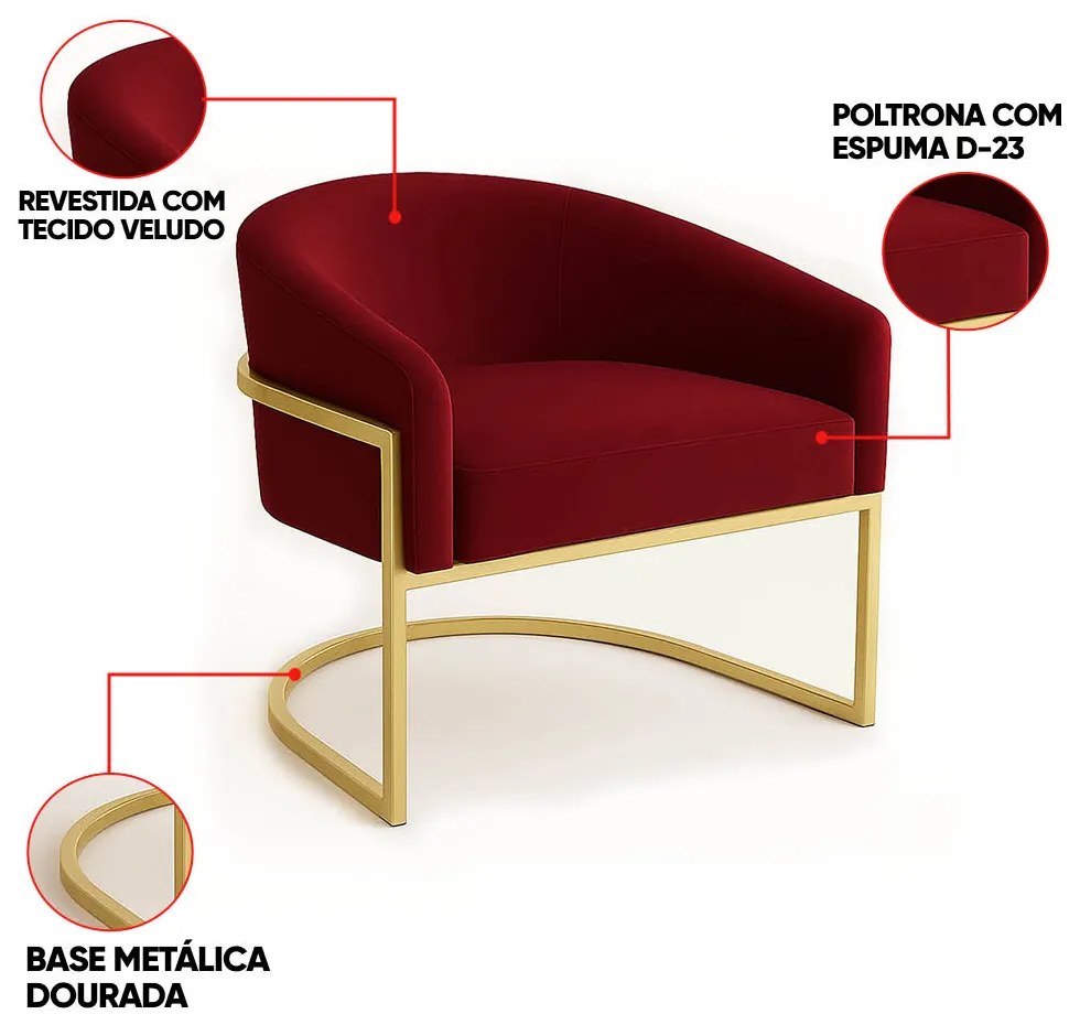 Poltrona Sala Decorativa Industrial Dourada Arielle Veludo Marsala D03 - D'Rossi