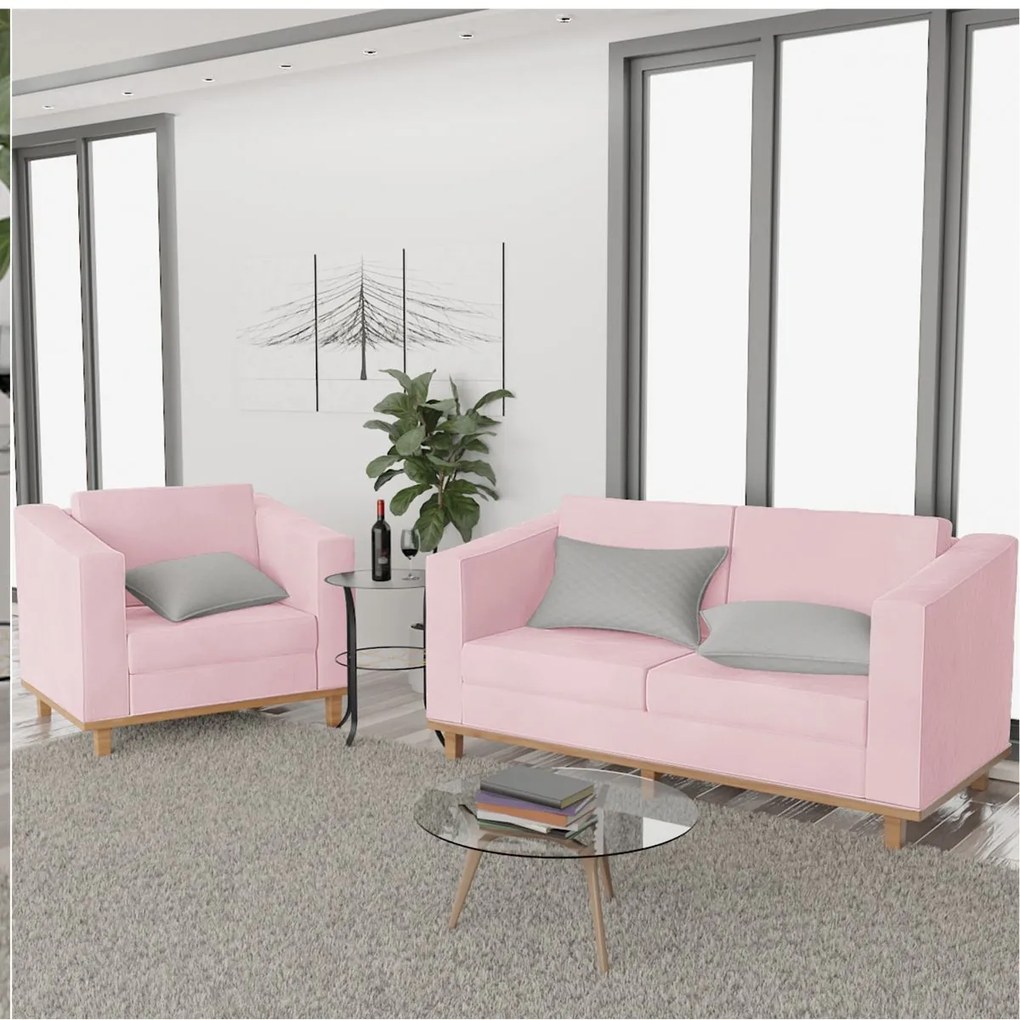 Kit Sofá 2 Lugares e Poltrona Europa Suede Rosa Bebê ADJ Decor