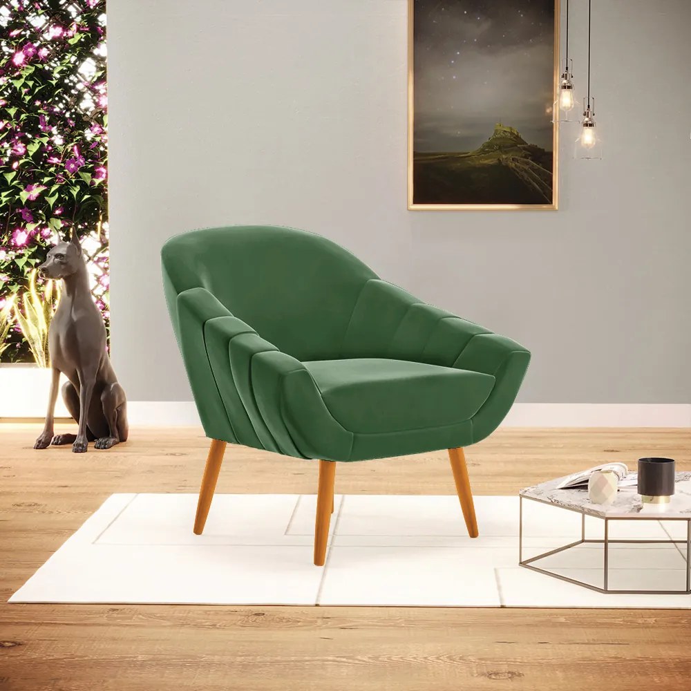 Kit 02 Poltronas Giovana Suede Verde Pés Palito Castanho - Indo Decorar