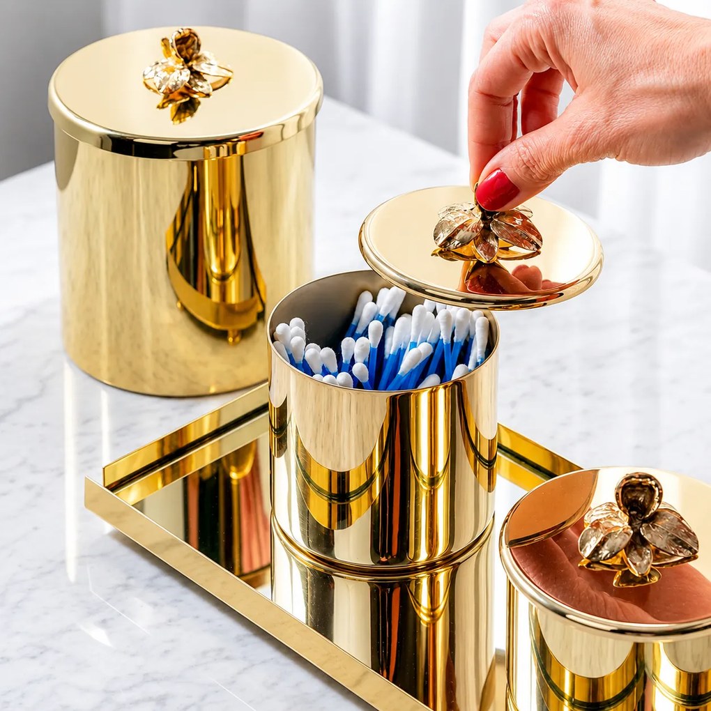 Porta Cotonete c/ Orquídea Shefield Plate Dourado