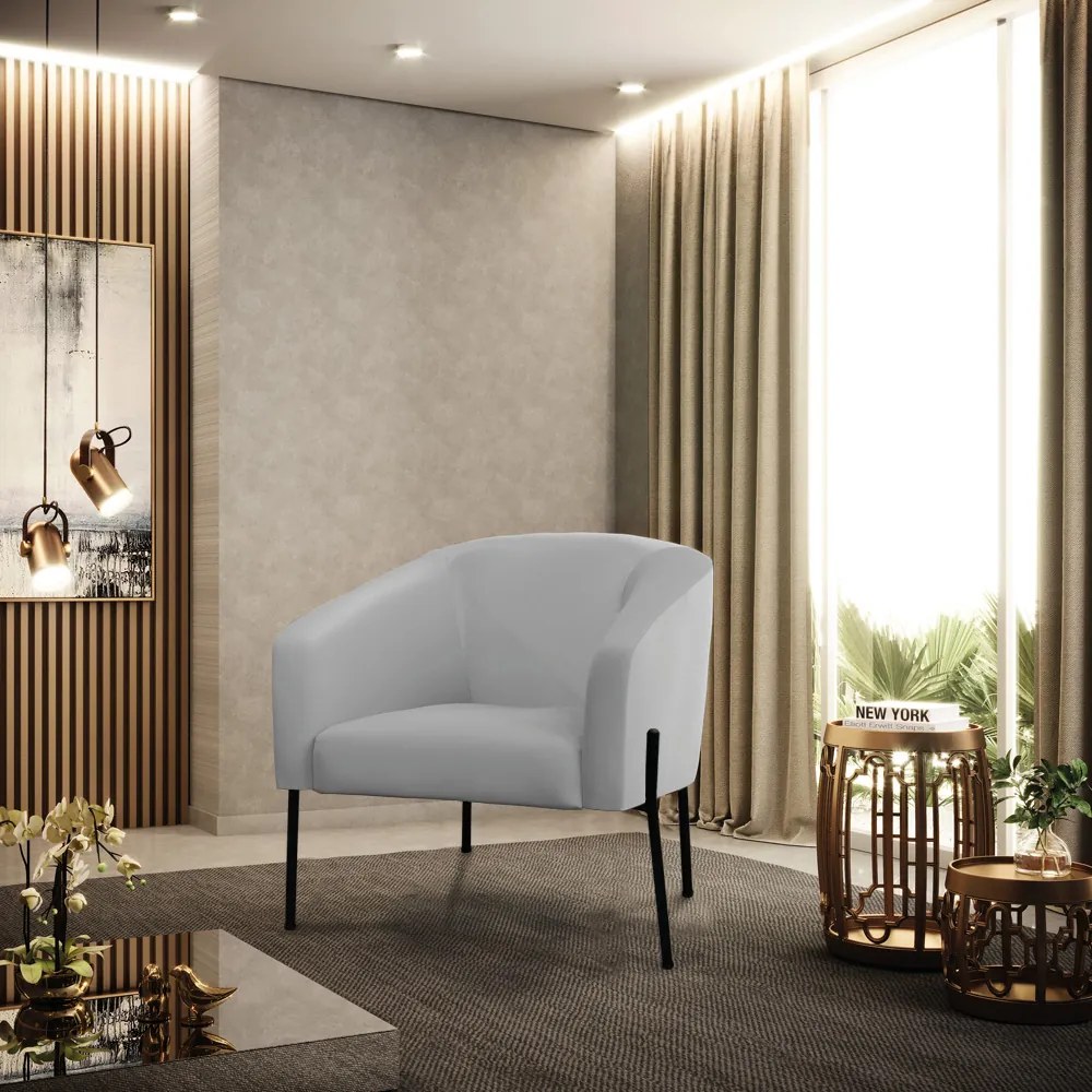 Poltrona Decorativa Pé de Ferro Preto Stella Sintético  D03 - D'Rossi - Cinza