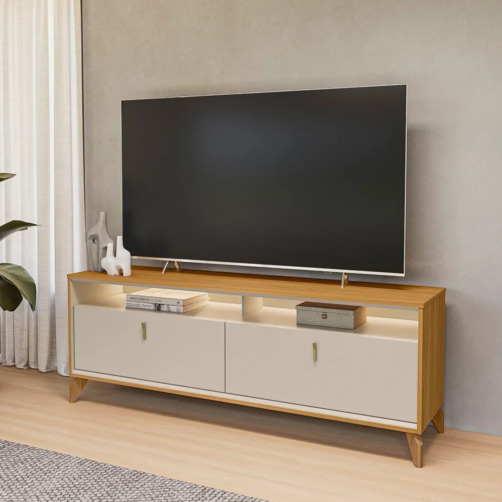 Rack Bancada Duarte com LED Pés em Madeira 160cm TV Até 60 Polegadas Tauari/OffWhite  G77 - Gran Belo