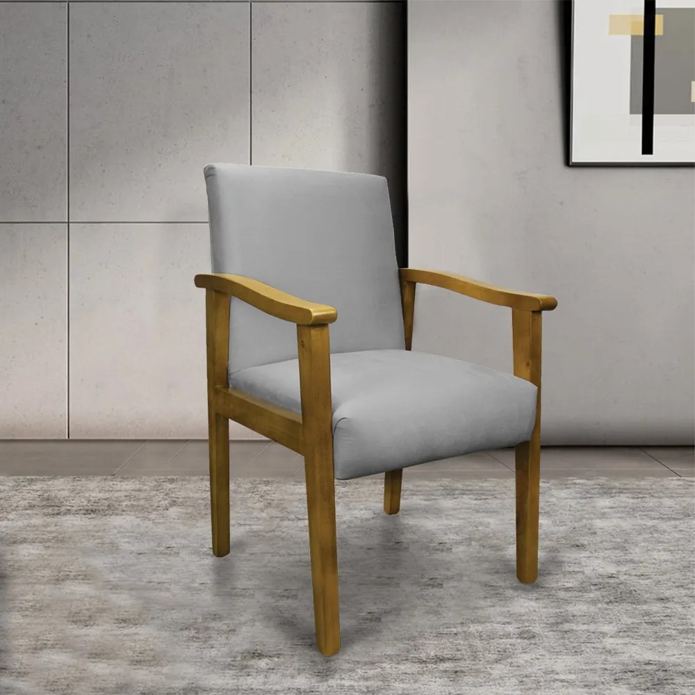 Poltrona Eloisa Suede Cinza Base de Madeira Castanho