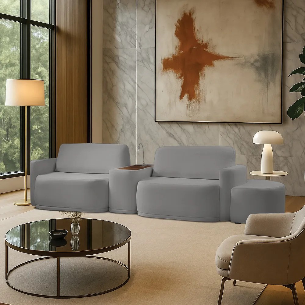 Sofá Sala Modulado 259cm com Puff Console USB Luminária Brumma Bouclê K01 - D'Rossi - Cinza