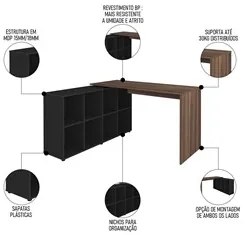 Mesa Escrivaninha em L Eron e Gaveteiro com Rodízios Mity A06 Ipê/Pret
