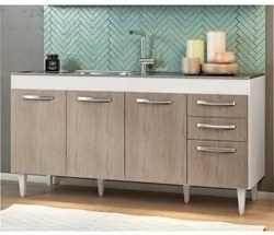 Balcão Gabinete Áustria com Pia Inox 160cm 4 Portas Branco/Castanho -