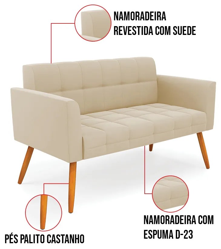 Kit 1 Sofá Namoradeira e 2 Poltronas Elisa Suede Pés Palito Castanho D03 - D'Rossi - Bege