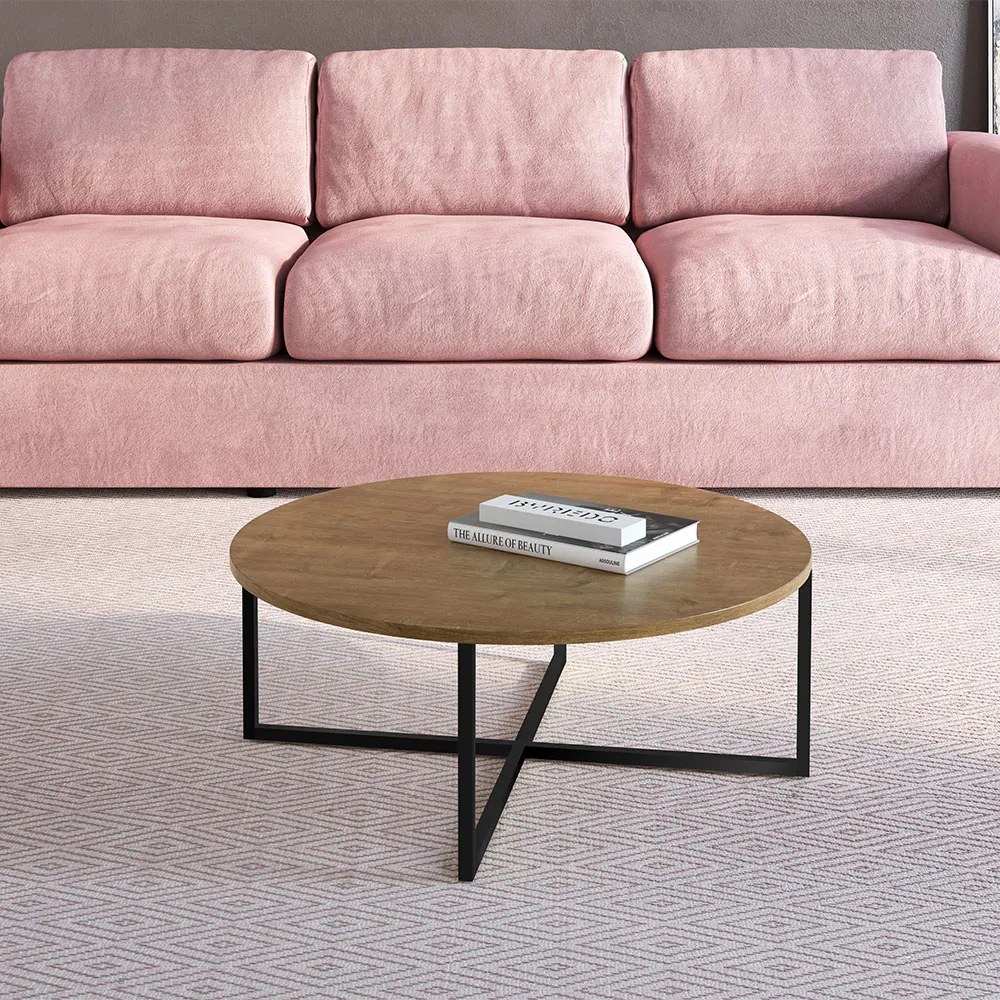 Mesa de Centro Baixa Estilo Industrial Vermont Base Metálica Preto A05 - D'Rossi