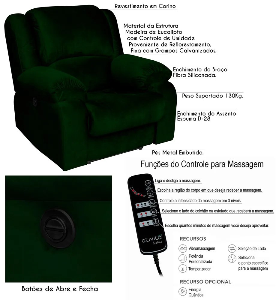Poltrona do Papai Reclinável Elétrica com Massagem Magnum Veludo Verde G23 - Gran Belo