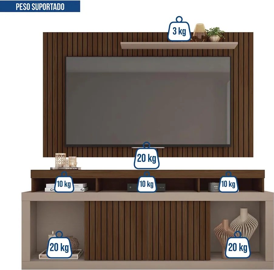 Painel TV 60 Pol 180cm e Bancada com Rodízio Sala Navel Havana/Fendi C01 - D'Rossi