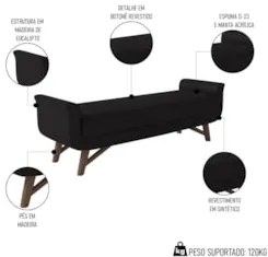 Puff Recamier Calçadeira 140cm Base Madeira Neville Z37 Sintético Pret
