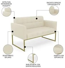 Sofá Namoradeira e 2 Poltronas Base Industrial Dourado Ana Linho Bege