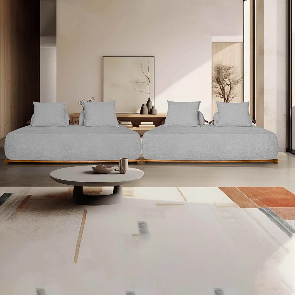 Sofá Modulado 5 Lugares com Almofadas Soltas Pés Madeira Maciça 320cm Homer Bouclê Cinza G63 - Gran Belo