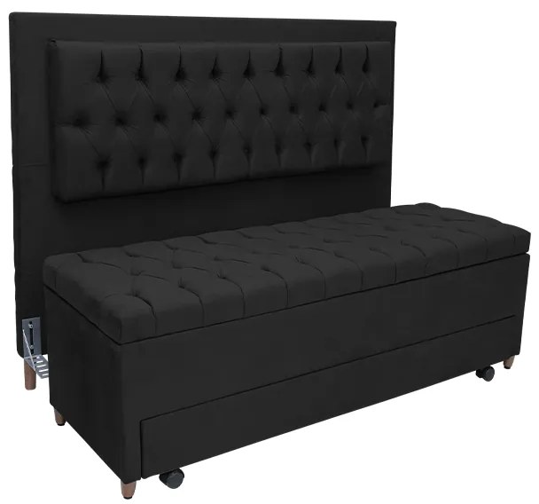 Cabeceira com Calçadeira Baú Casal 140cm Paris Capitonê Suede Preto - Sheep Estofados - Preto