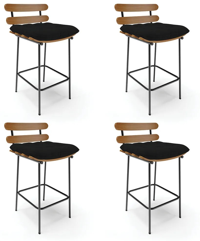 Kit 04 Banquetas Costela Linho Base Metálica Preto - D'Rossi - A79 Preto