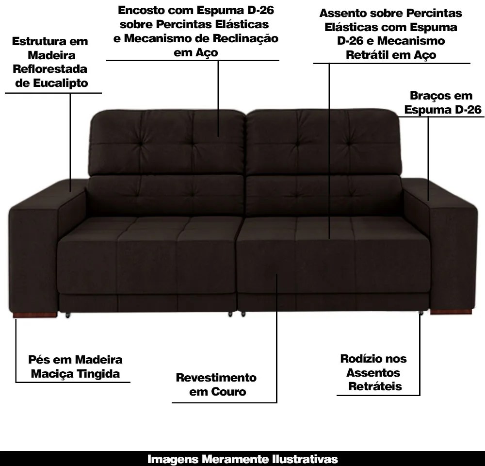 Sofá Sala de Estar Retrátil e Reclinável 4 Lugares Lisboa 250cm Couro Marrom G58 - Gran Belo