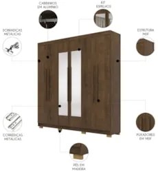Guarda Roupa Casal 218cm Com Espelho Bolty Imbuia Rústico V02 - Mpozen