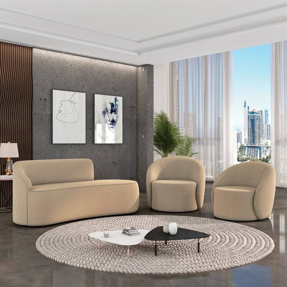 Sofá 2 Lugares Orgânico 140cm Morgan e 2 Poltronas Lua Suede D03 - D'Rossi - Marrom Rato