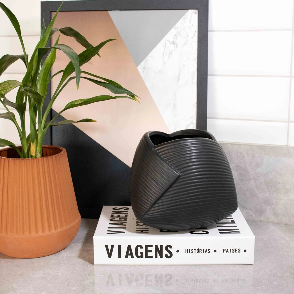 Vaso Decorativo Dobradura Preto em Cerâmica 16,5x17,5 cm - D'Rossi