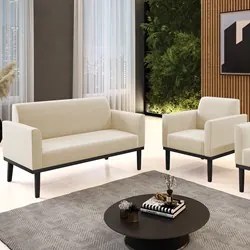 Sofá Namoradeira e 1 Poltrona Base Madeira Preto Maressa Suede Bege -