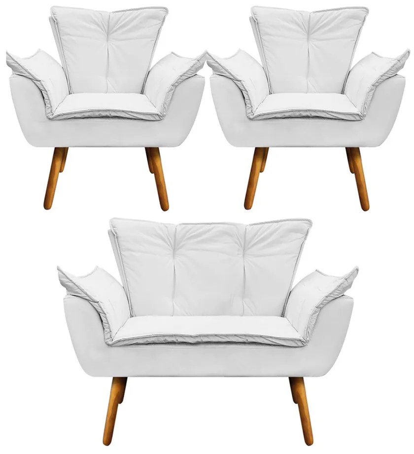 Namoradeira e 2 Poltronas Pé Palito Castanho Opala Corino D03 - D'Rossi - Branco
