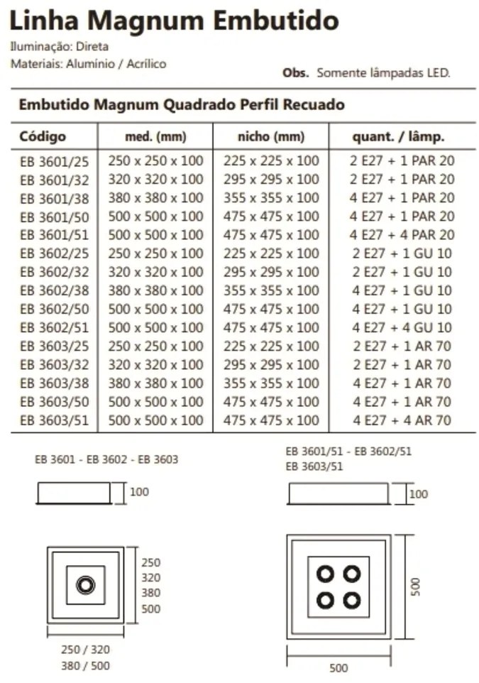 Luminária De Embutir Magnum Quadrado 50X50X10Cm 4L E27 + 01 Par20 | Us... (FN-F - Fendi Fosco)