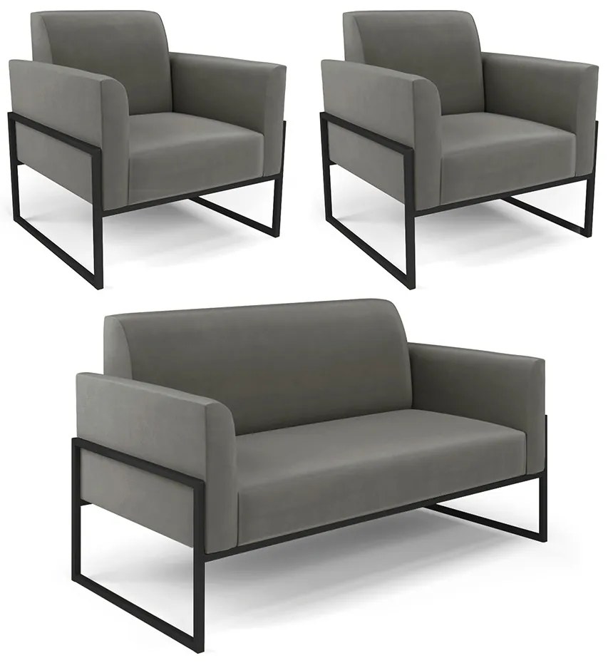 Sofá Namoradeira com 2 Poltronas Base Industrial Alta Preto Marisa Suede D03 - DRossi - Grafite