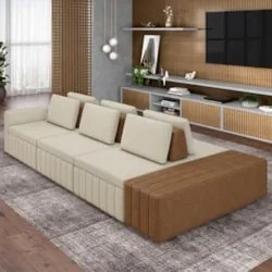 Sofá Ilha e Puff Sala Living 395cm Siesta Z32 Linho Cru/Marrom - Mpoze