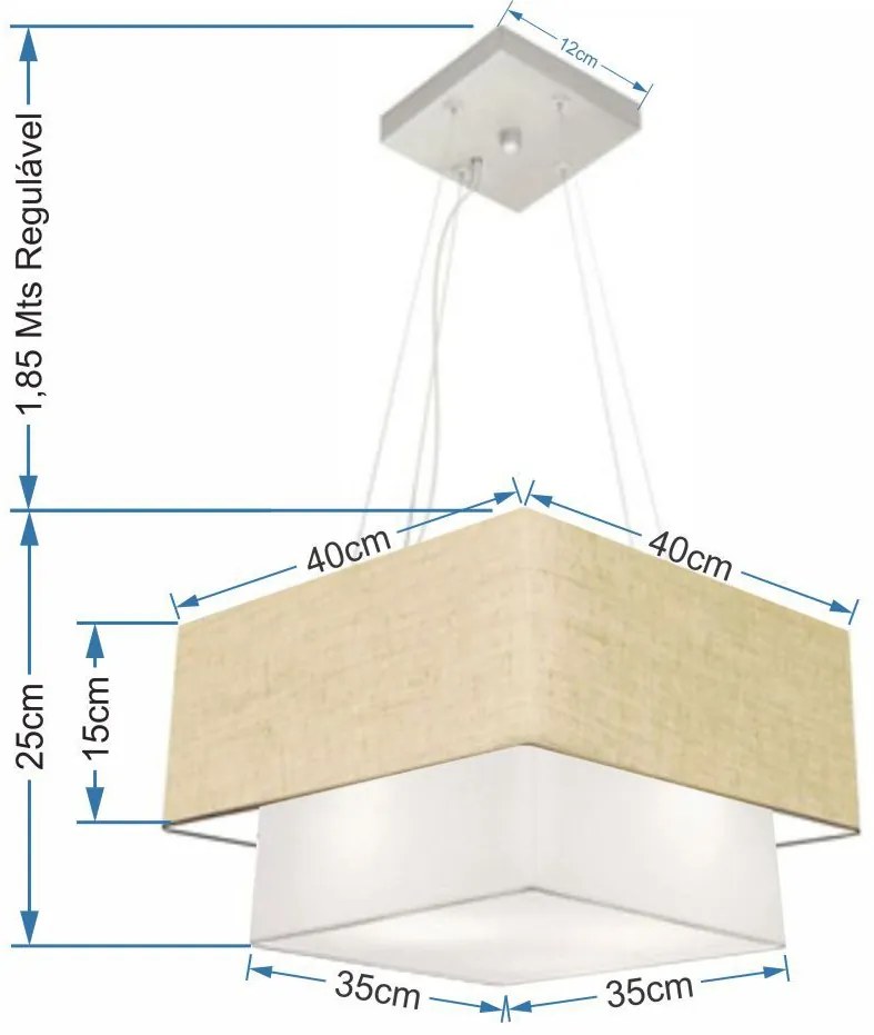 Lustre Pendente Duplo Quadrado Vivare Md-4157 Cúpula em Tecido 40x35cm Rustico Bege / Branco - Bivolt